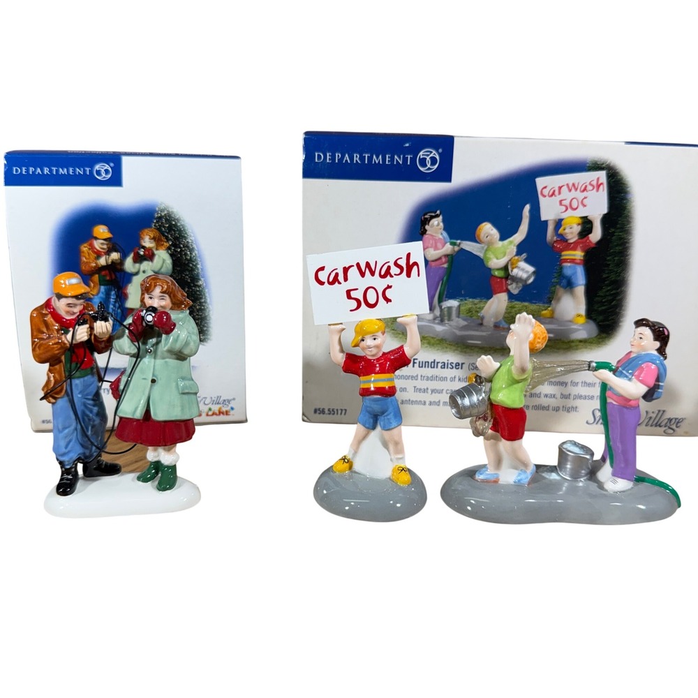 Dept 56 Snow Village Car Wash Fundraiser & Picture Time Figurines Bundle Set